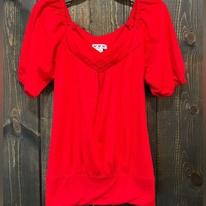 Trixxi‎ Three Pink Hearts Top S Red Y2K Sweetheart Puff Sleeve Wide Waist Band